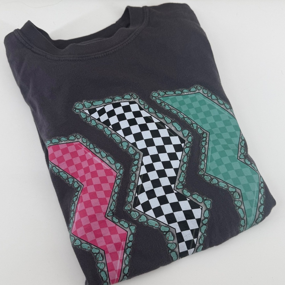 Comfort Colors Lightning Bolt Graphic T-Shirt Charcoal Gray Checkered Size M